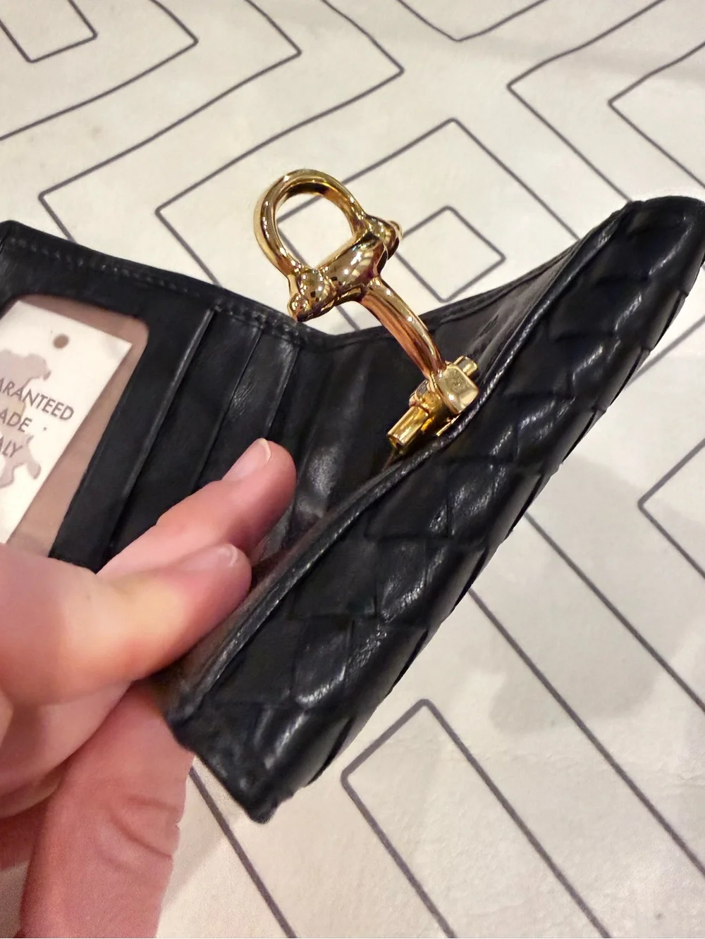 Rich Brown Woven Leather Wallet with Gold Turn-Lock